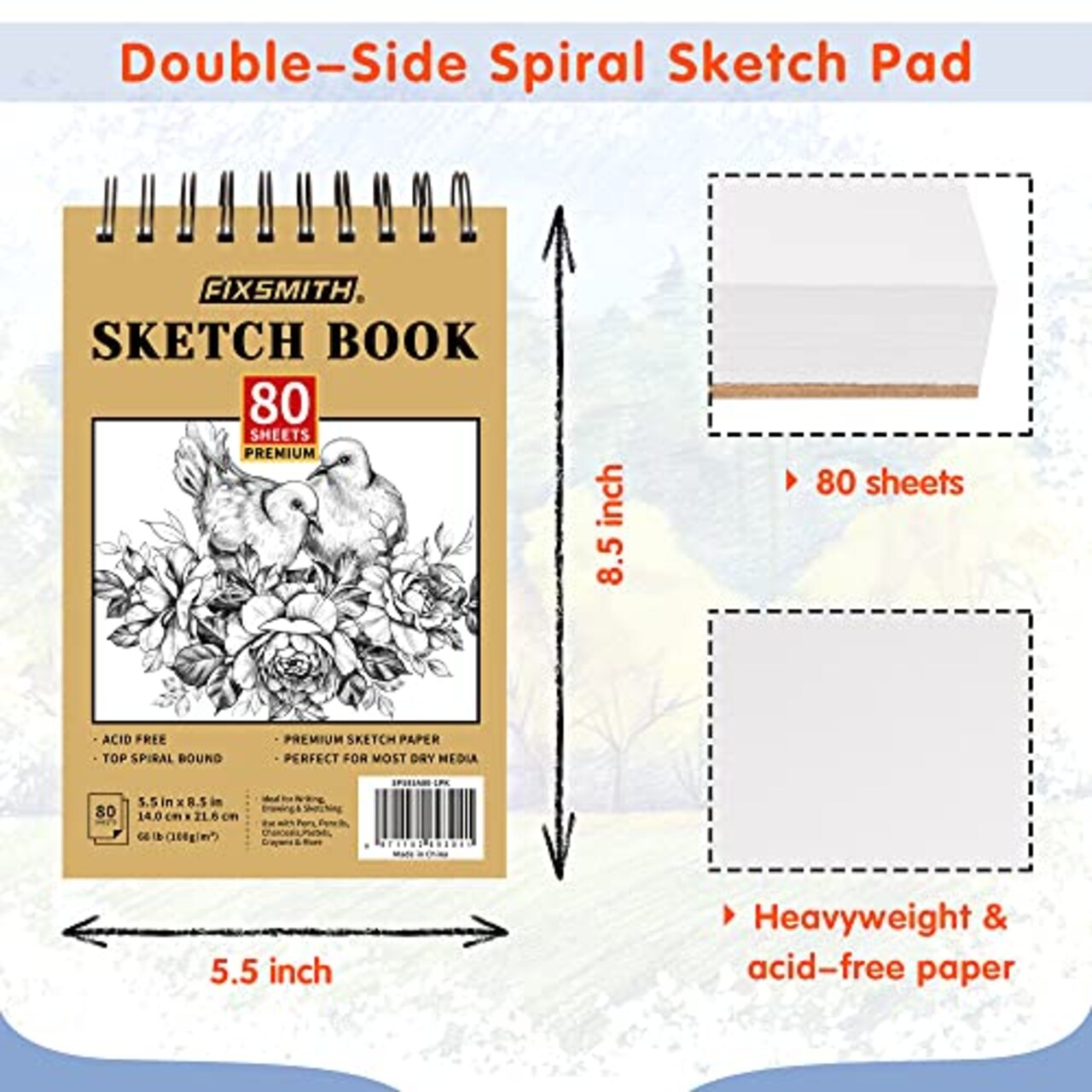 80 Sheets (68 lb/100gsm) Sketchbook | Top Spiral Bound Artist Sketch Pad | Acid Free Drawing Pad | Ideal for Kids, Beginners, Artists & Painters | Bright White